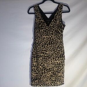 Enfocus Studio Black & Tan Animal Print V-Neck Sheath Ruffle Dress, Size 8